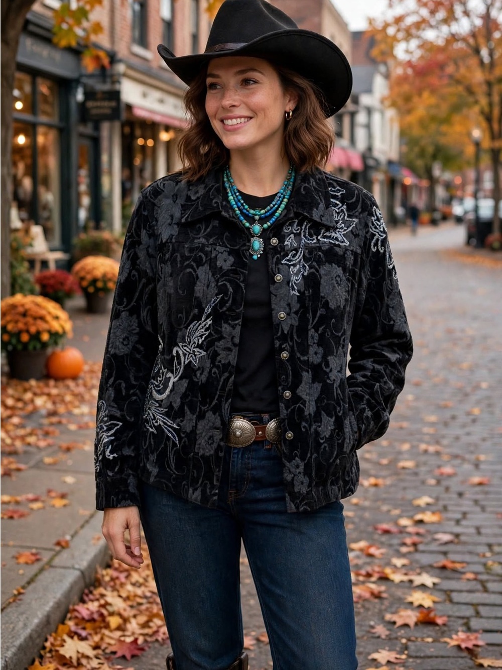 Black Velvet Floral-Embroidered Jean Jacket - Women's Luxe Western Style